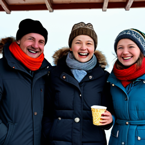Home 19 **
"A group of friends, fully clothed in casual, stylish winter attire (coats, hats, scarves), laughing and enjoying themselves at a traditional Russian Maslenitsa festival. Background includes colorful folk decorations, blini stalls, and a snow-covered landscape. Safe for work, appropriate content, modest clothing, professional photography, perfect anatomy, natural proportions, well-formed hands, proper finger count, family-friendly, high quality."
**