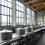 **

"A bright and airy modern brewery interior, showcasing solar panels on the roof visible through a large window. Stainless steel brewing equipment gleams, and workers in appropriate attire are tending to the brewing process. Focus on sustainability: visible recycling bins, plants growing inside, and displays highlighting water conservation efforts. The overall scene should convey a professional and environmentally conscious atmosphere. Fully clothed, safe for work, appropriate content, professional photography, perfect anatomy, natural proportions, high quality."

**