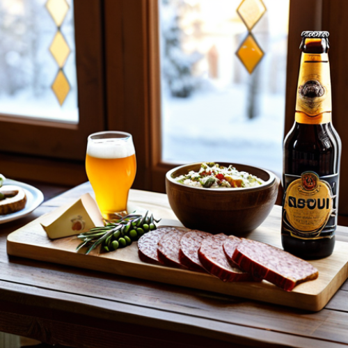 Home 17 **
A beautifully arranged charcuterie board featuring various Russian cheeses (e.g., Suluguni, Adygei), smoked meats (e.g., Sujuk), pickles, and dark rye bread, paired with a selection of craft beers in stemmed glasses. The setting is a cozy Russian kitchen with wooden accents. Sunlight streams through the window. Focus on the textures and colors of the food and beer. fully clothed, safe for work, appropriate content, professional food photography, perfect anatomy (of the food arrangement), natural proportions, high quality, modest setup, family-friendly.
**